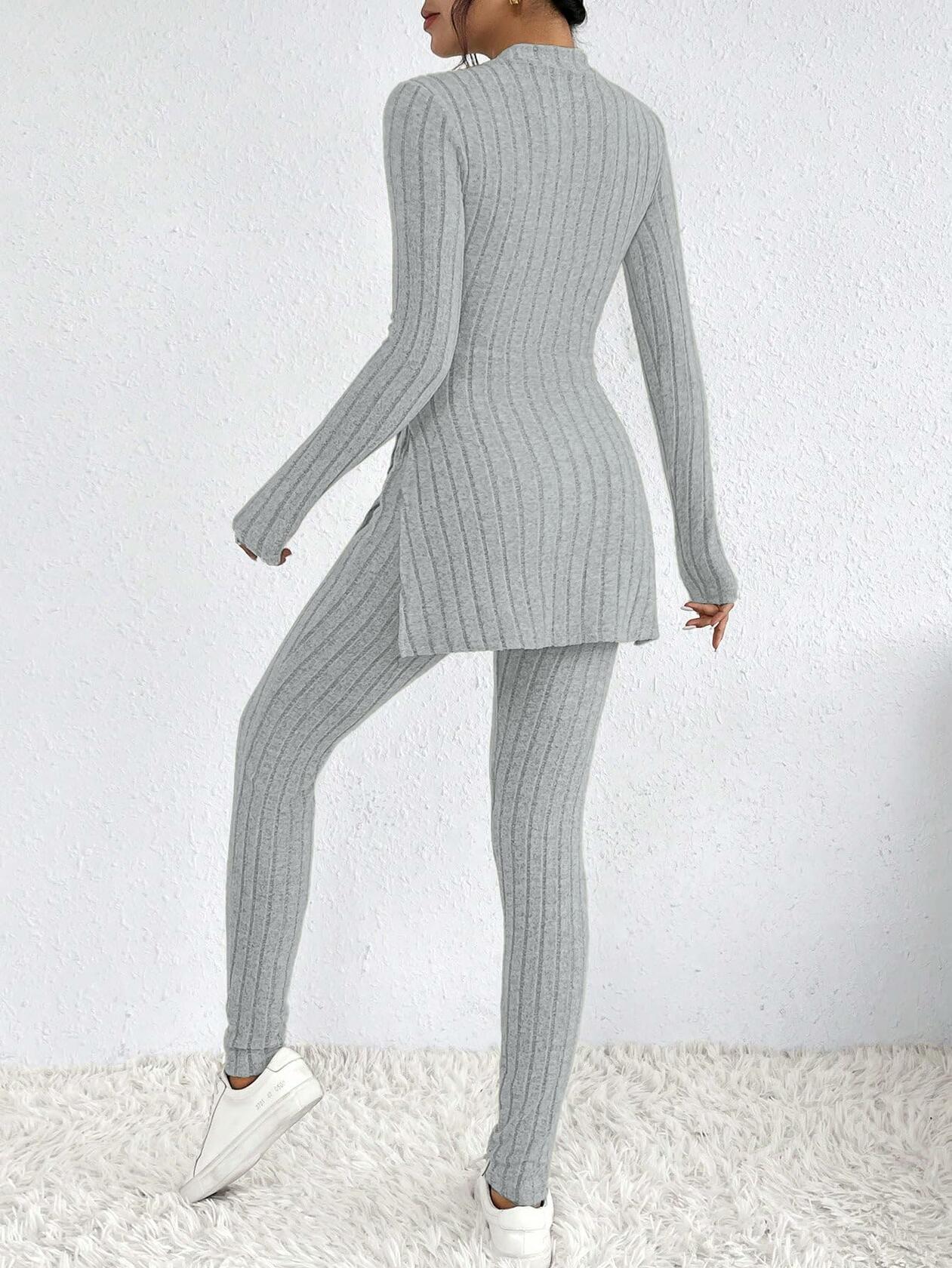 HBQ Women's 2 Piece Lounge Set Mock Neck Ribbed Knit Sweatsuit Grey Size XXL