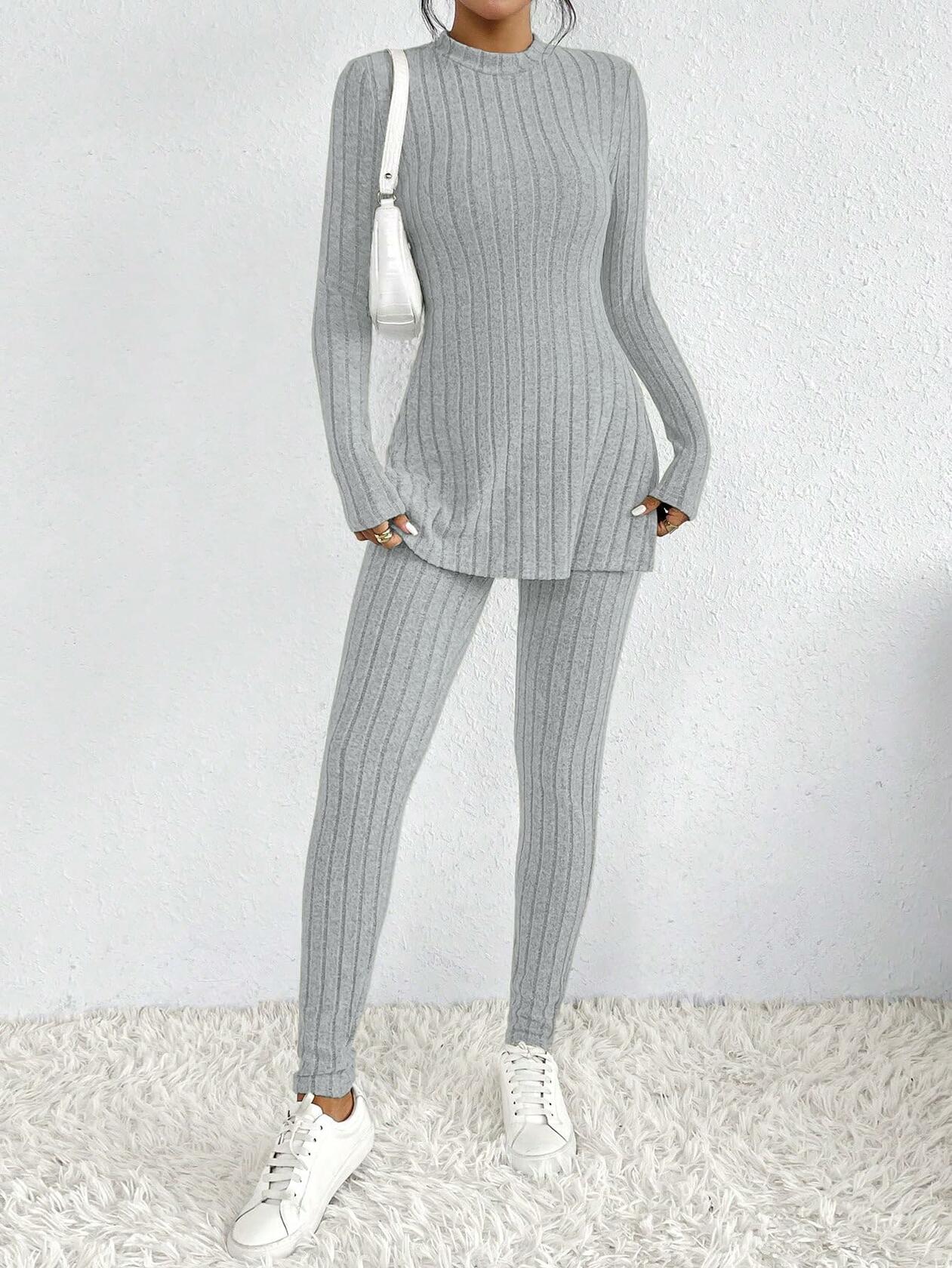 HBQ Women's 2 Piece Lounge Set Mock Neck Ribbed Knit Sweatsuit Grey Size XXL