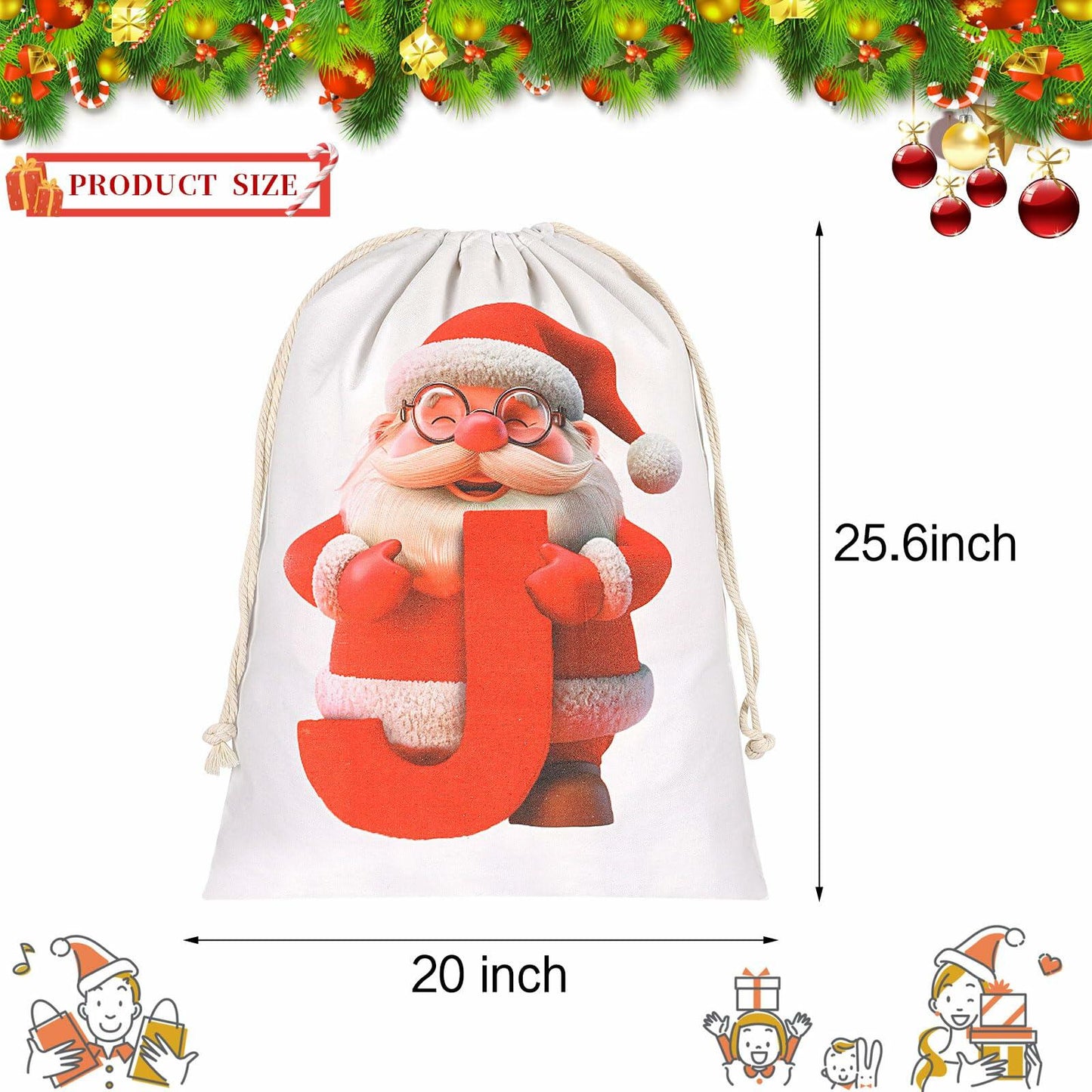 CCINEE Canvas Santa Sack Personalized Letter J Drawstring Red 27x20in