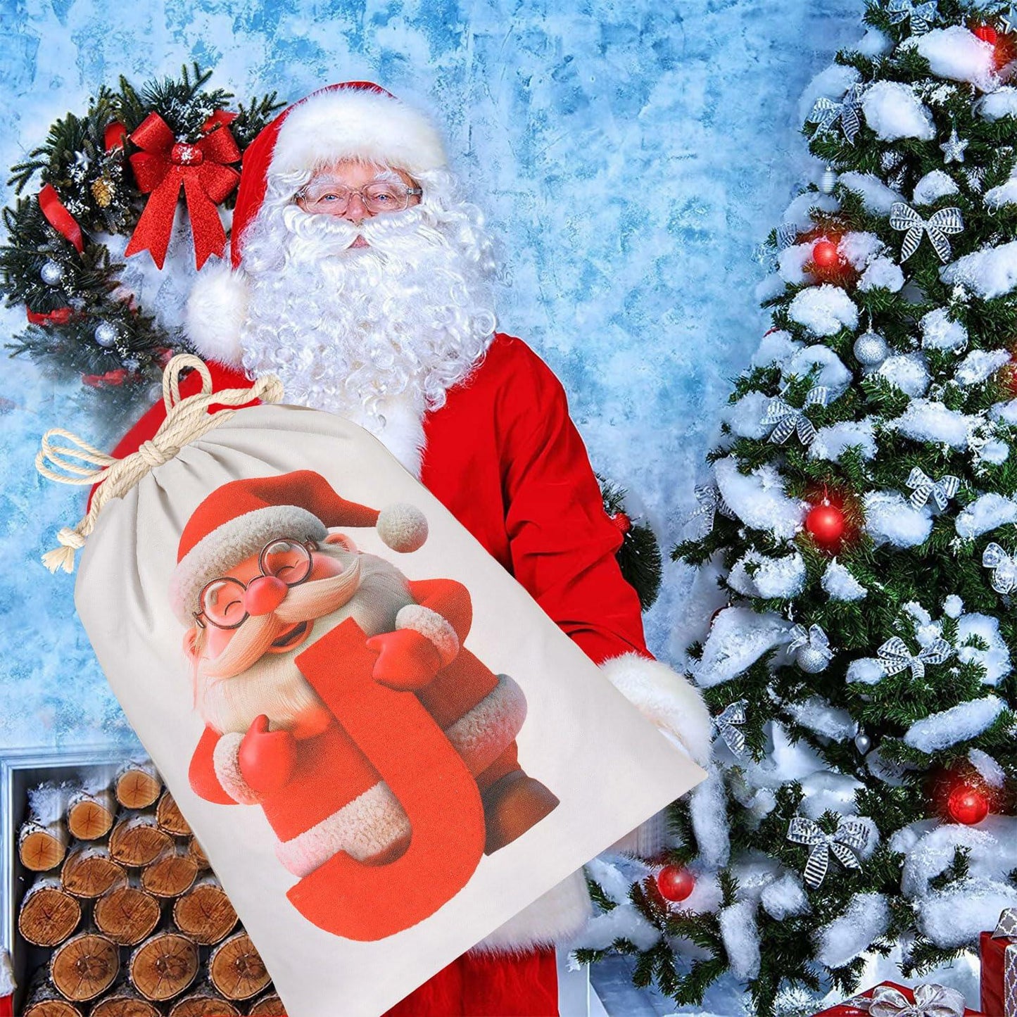 CCINEE Canvas Santa Sack Personalized Letter J Drawstring Red 27x20in