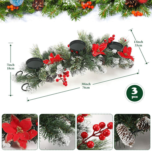 [Like_new] 30" Artificial Christmas Centerpiece Red Flowers Berries Pinecones 3 Candle