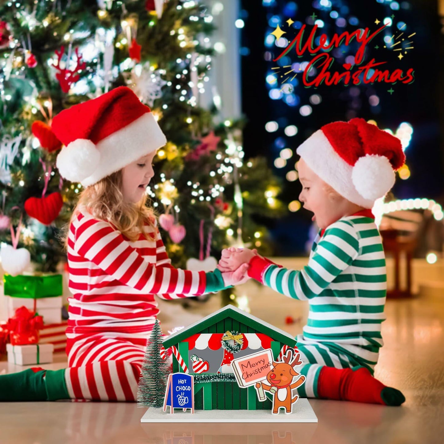 [Like_new] Zqoyn LED Christmas Village House Decor Set Deer Indoor Table Decor