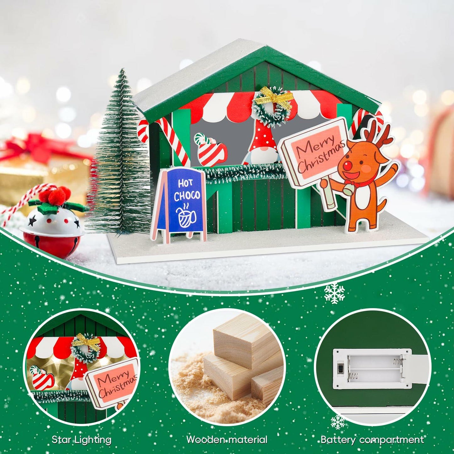 [Like_new] Zqoyn LED Christmas Village House Decor Set Deer Indoor Table Decor