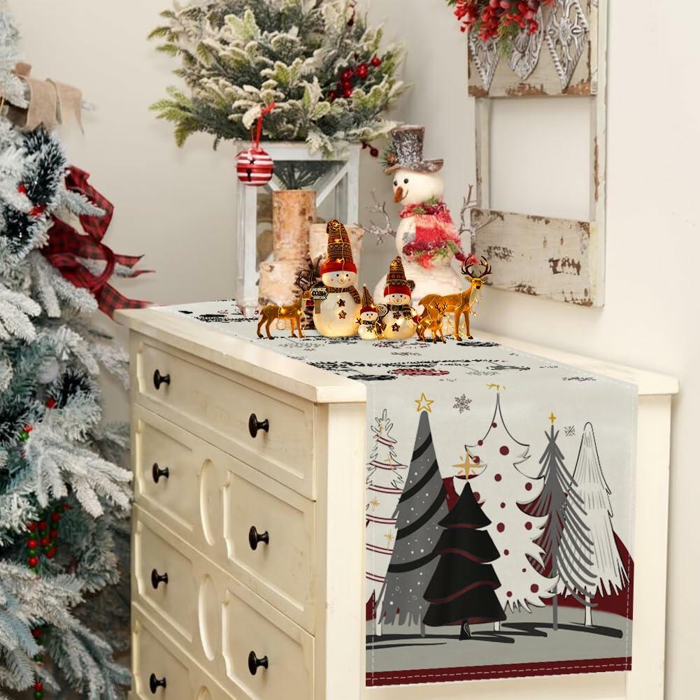 ARGOOFG Christmas Trees Table Runner Burgundy 13x72 Inch Seasonal Holiday