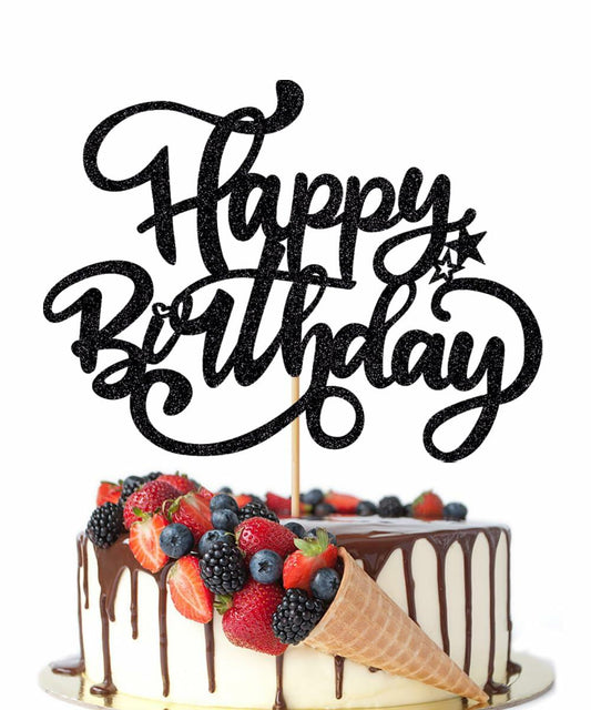 [Like_new] Crseniny Happy Birthday Cake Topper Black Glitter Party Decoration Black