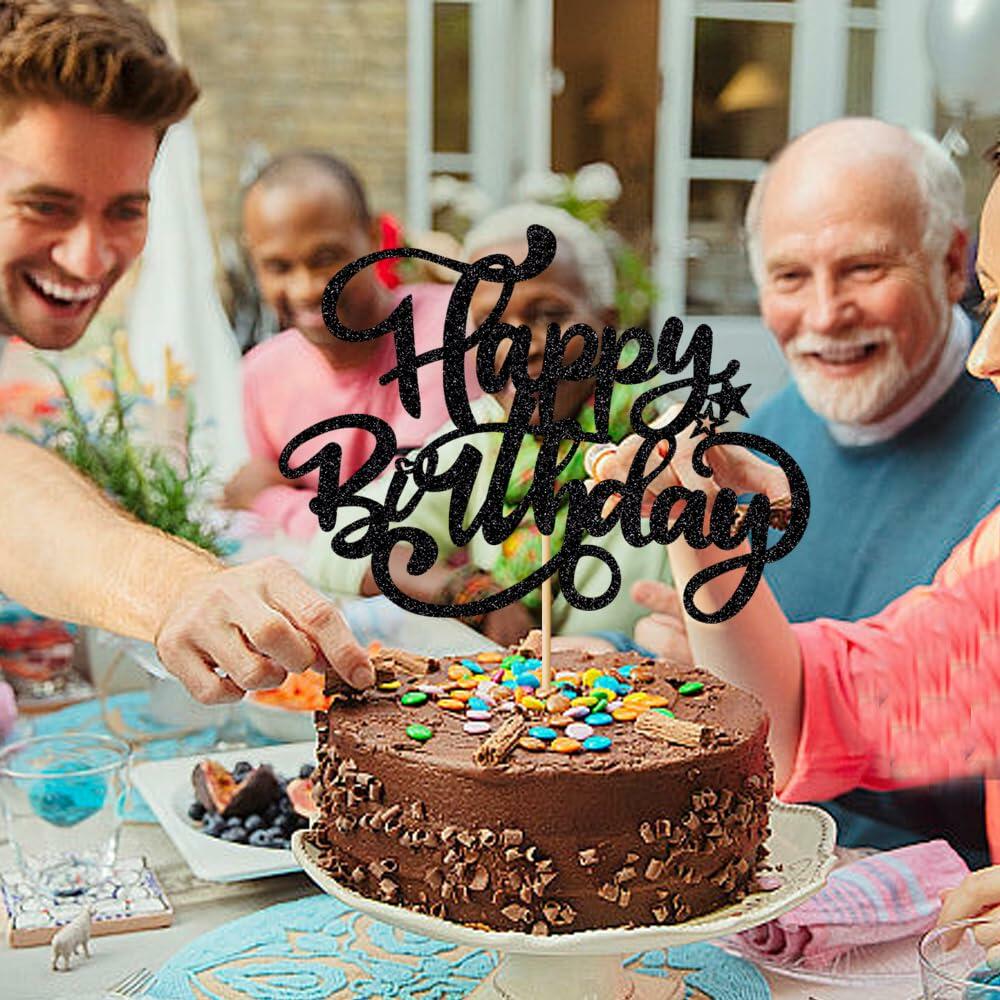 [Like_new] Crseniny Happy Birthday Cake Topper Black Glitter Party Decoration Black