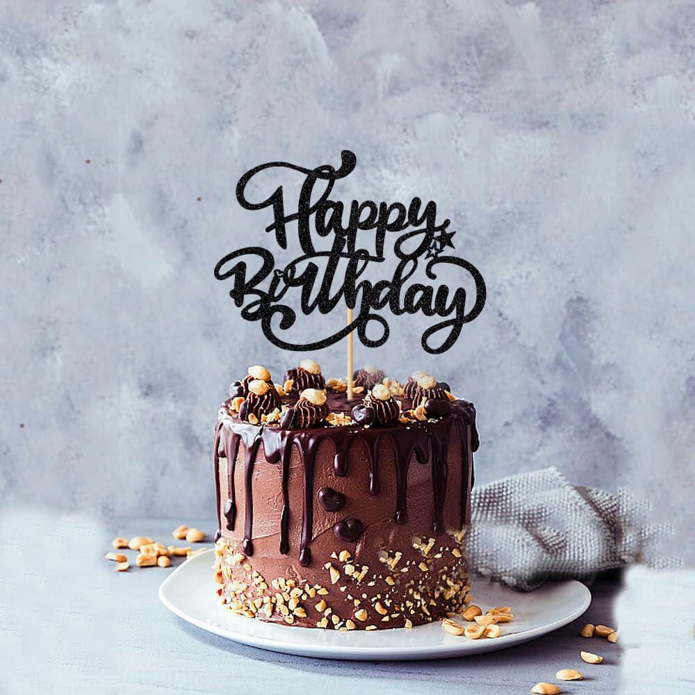 [Like_new] Crseniny Happy Birthday Cake Topper Black Glitter Party Decoration Black
