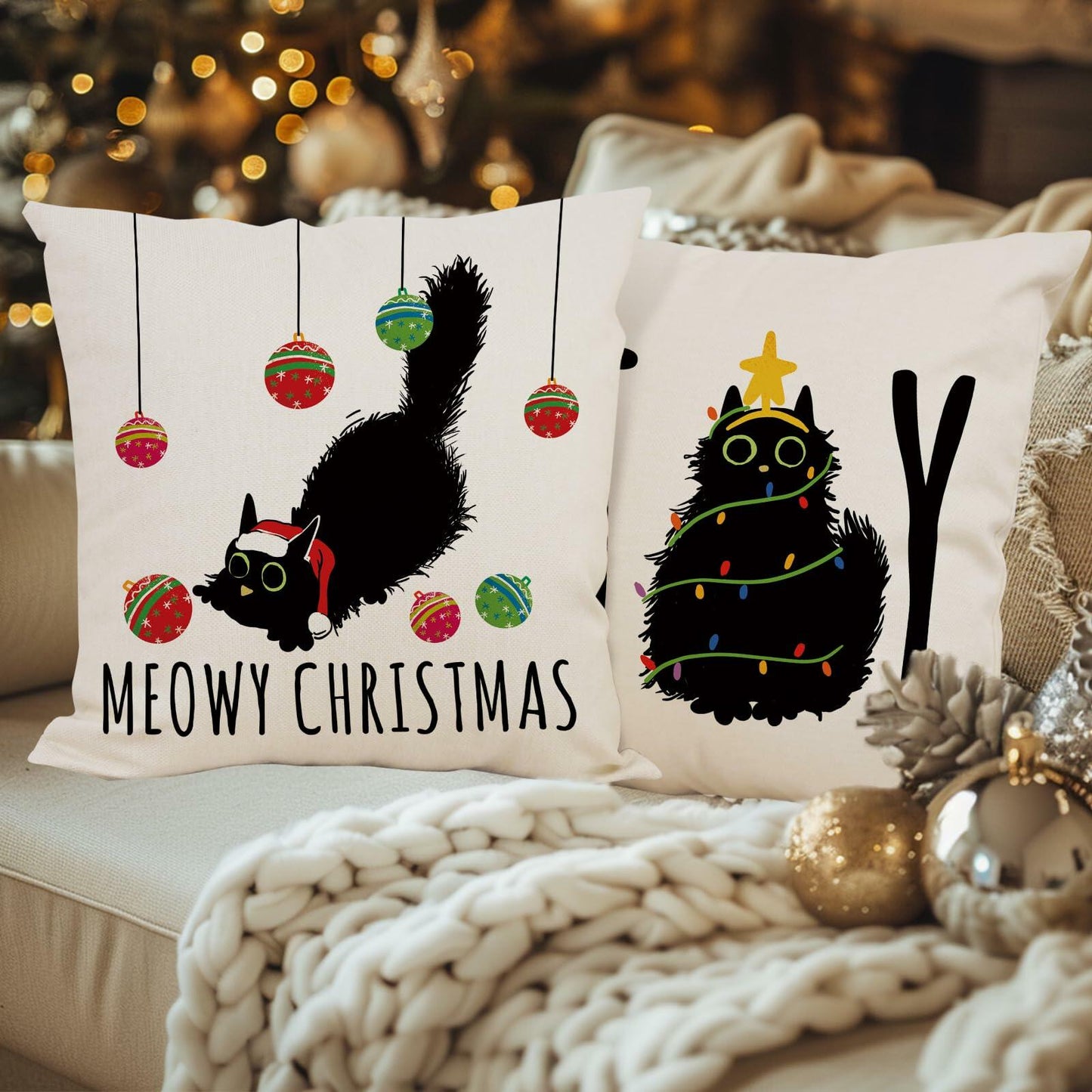 QIONG MENG Christmas Pillow Covers 18x18 Black Cat Set of 2