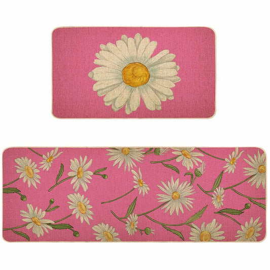Spring Kitchen Mats Set of 2 Floral Daisy Rugs Pink 17x29 & 17x47 Inch