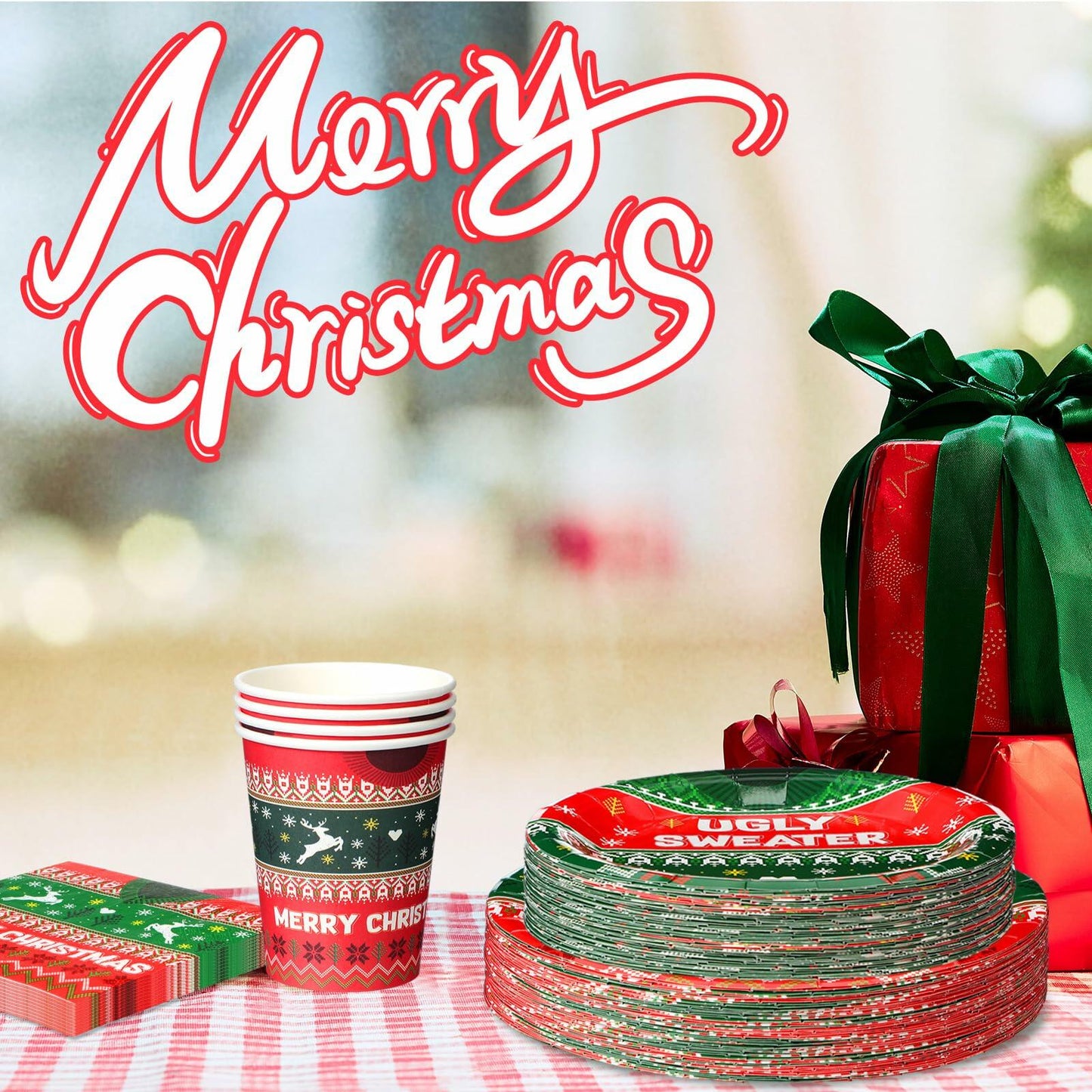 Yaomiao 180 Pcs Xmas Ugly Sweater Party Supplies Set Vintage Plates Cups Napkins