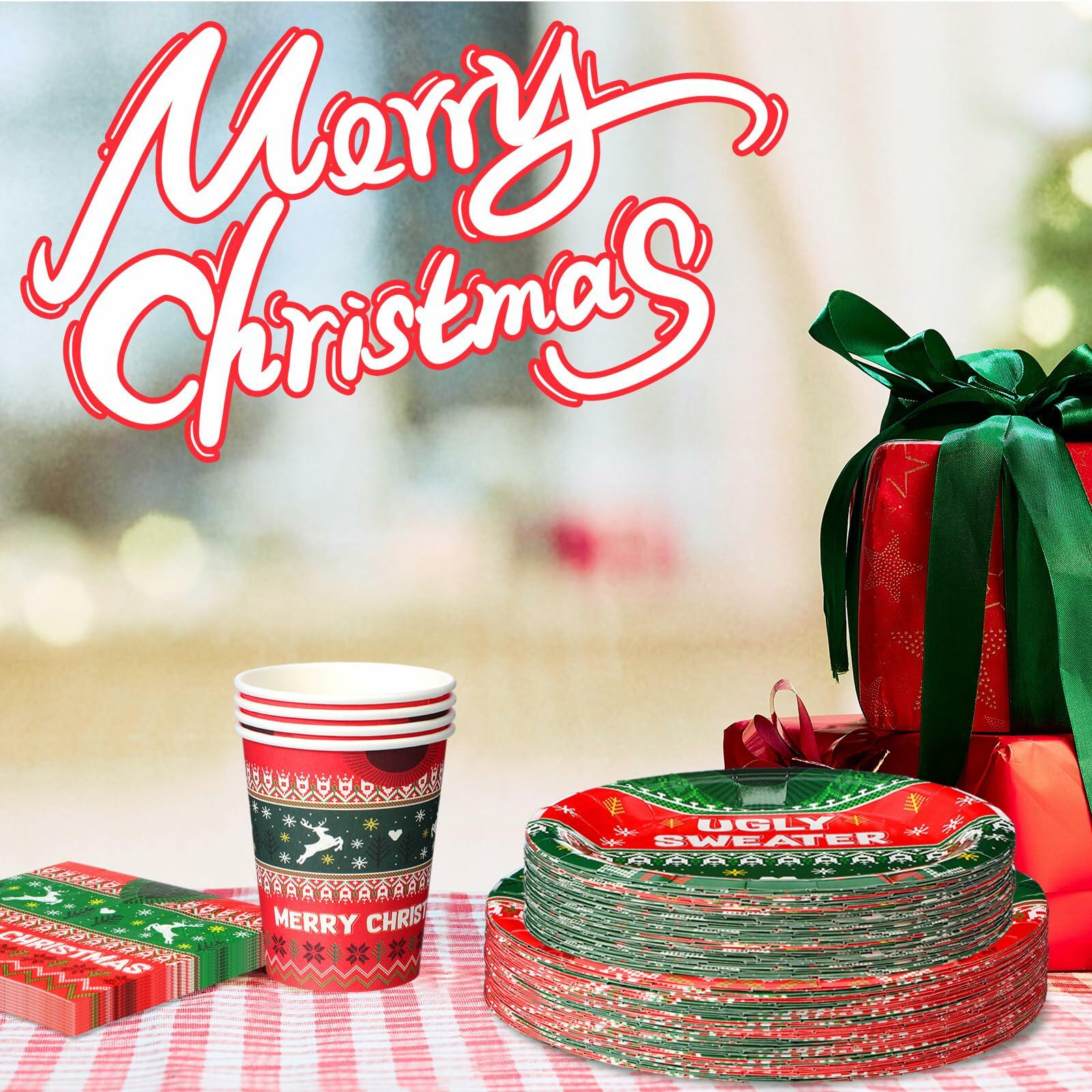 Yaomiao 180 Pcs Xmas Ugly Sweater Party Supplies Set Vintage Plates Cups Napkins