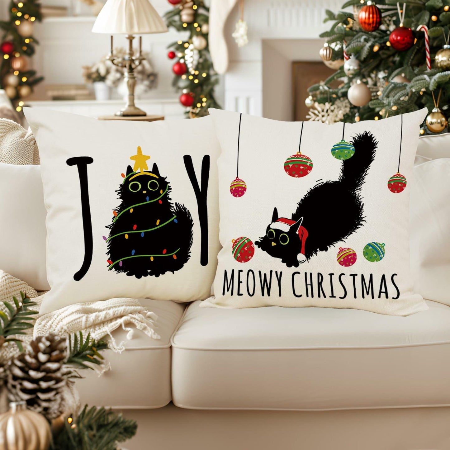 QIONG MENG Christmas Pillow Covers 18x18 Black Cat Set of 2