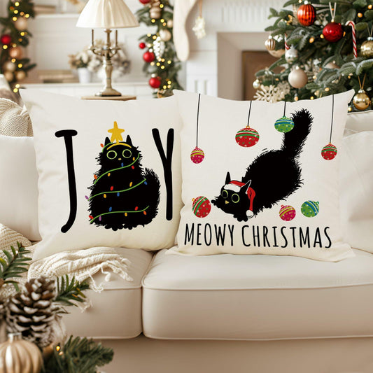 QIONG MENG Christmas Pillow Covers 18x18 Black Cat Set of 2