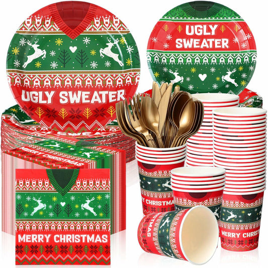 Yaomiao 180 Pcs Xmas Ugly Sweater Party Supplies Set Vintage Plates Cups Napkins