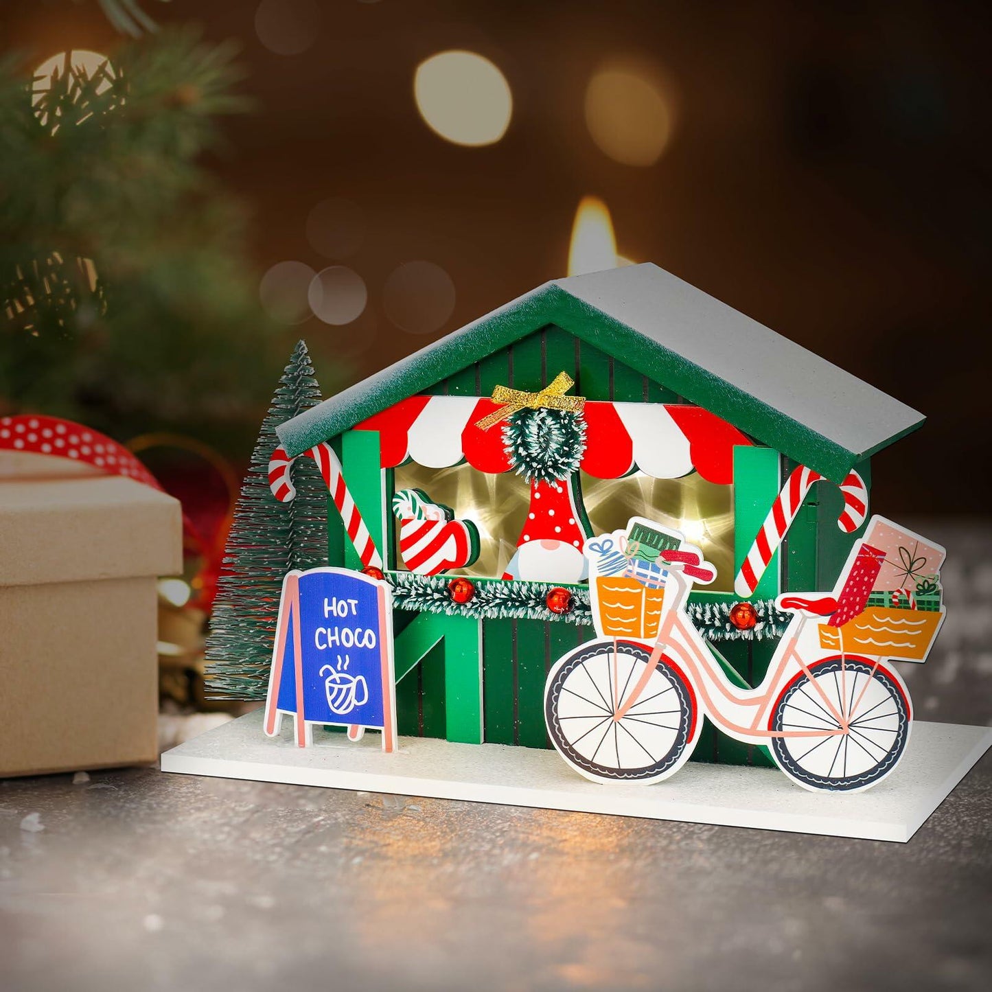 [Like_new] Zqoyn LED Lighted Christmas Village Set Indoor Table Decor Bicycle