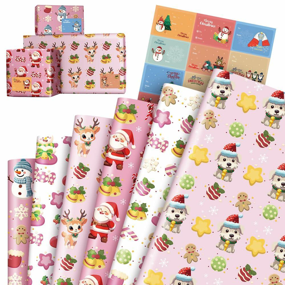 M-sorflly Christmas Wrapping Paper 12 Sheets Pink 6 Designs with 12 Grinch Tags