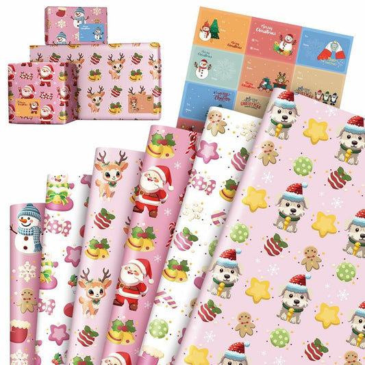 M-sorflly Christmas Wrapping Paper 12 Sheets Pink 6 Designs with 12 Grinch Tags