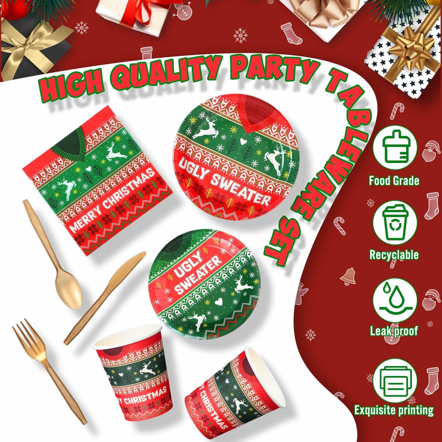 Yaomiao 180 Pcs Xmas Ugly Sweater Party Supplies Set Vintage Plates Cups Napkins