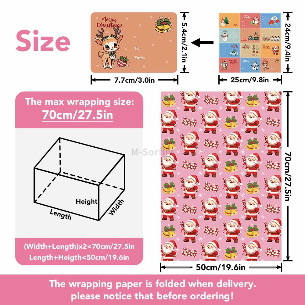 M-sorflly Christmas Wrapping Paper 12 Sheets Pink 6 Designs with 12 Grinch Tags