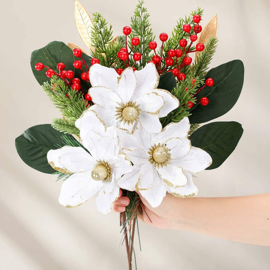 24 Pcs Artificial Christmas Magnolia Pine Berry Stems Red Glitter
