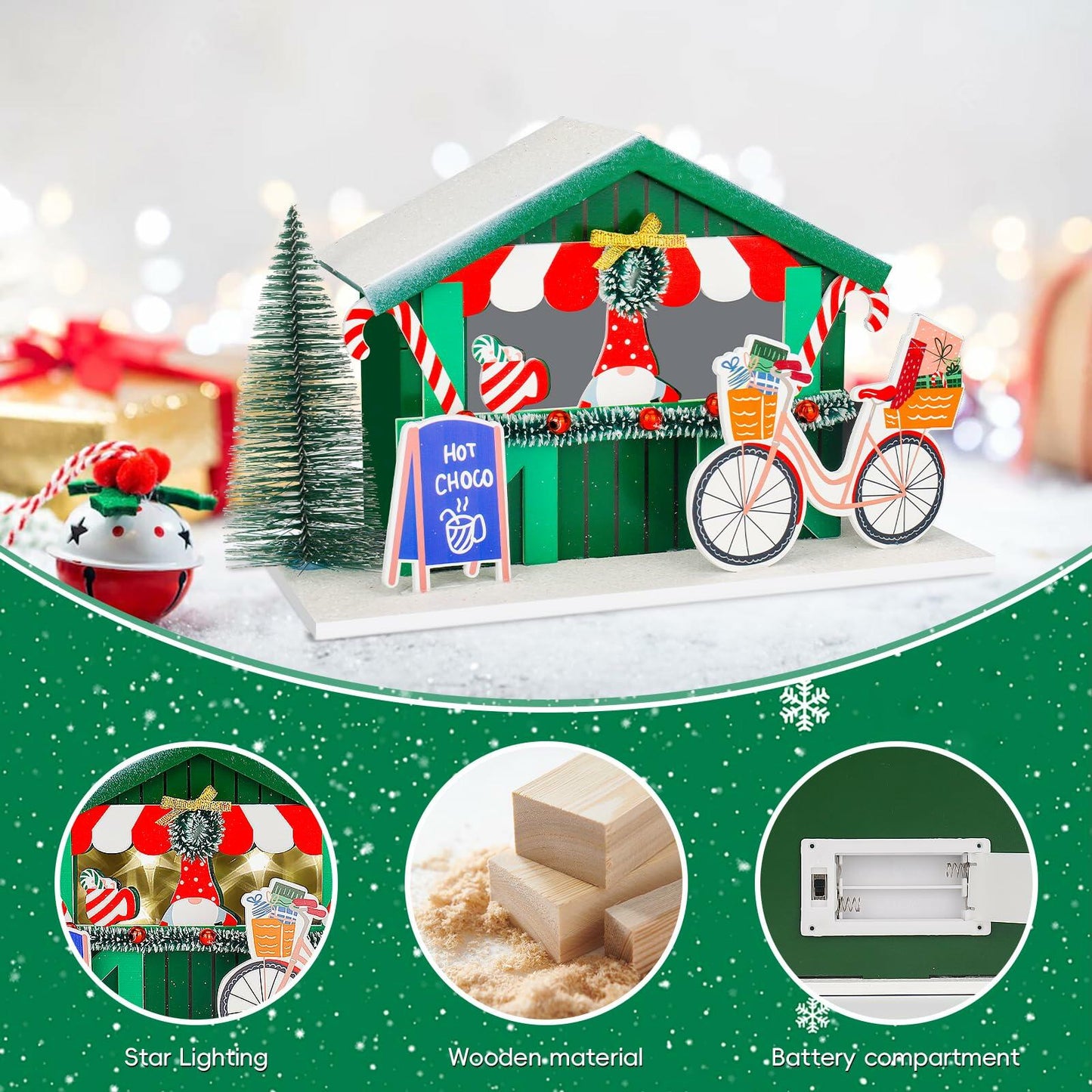 [Like_new] Zqoyn LED Lighted Christmas Village Set Indoor Table Decor Bicycle