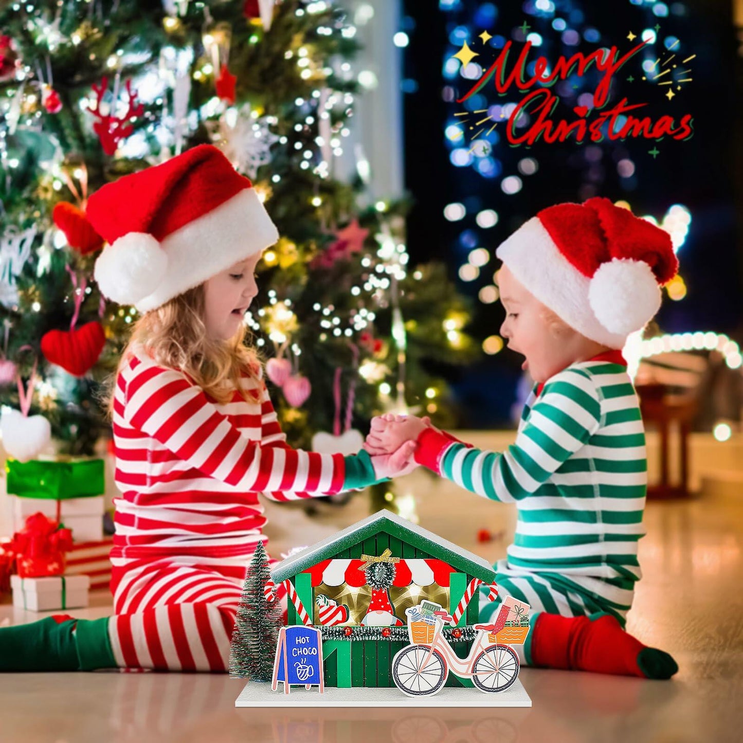 [Like_new] Zqoyn LED Lighted Christmas Village Set Indoor Table Decor Bicycle
