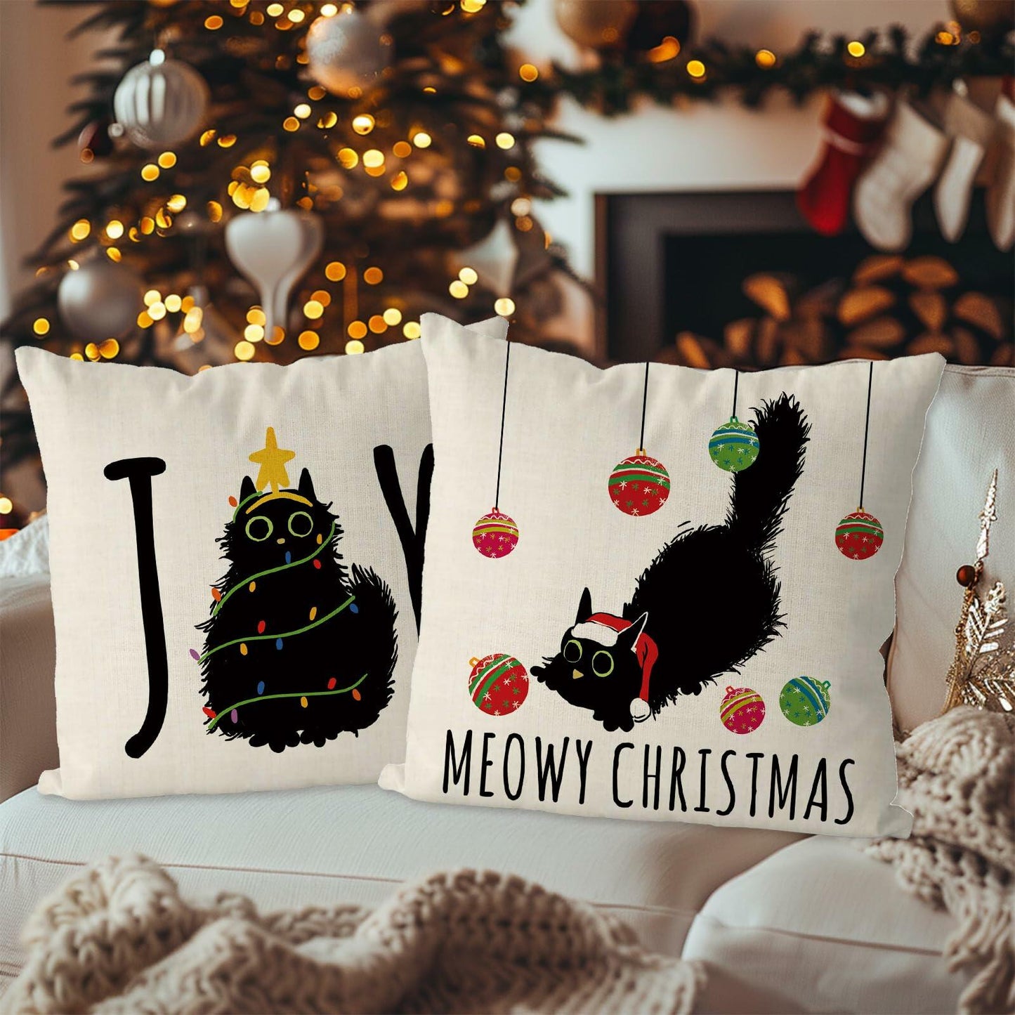 QIONG MENG Christmas Pillow Covers 18x18 Black Cat Set of 2