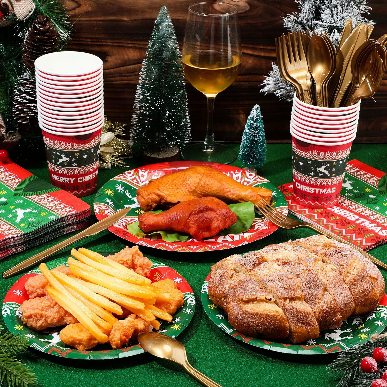 Yaomiao 180 Pcs Xmas Ugly Sweater Party Supplies Set Vintage Plates Cups Napkins