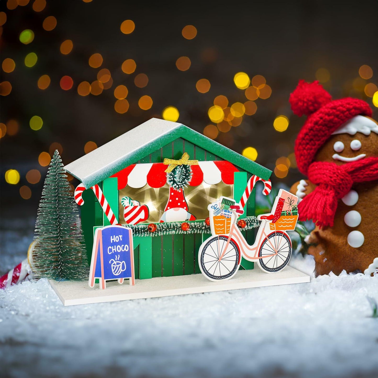 [Like_new] Zqoyn LED Lighted Christmas Village Set Indoor Table Decor Bicycle