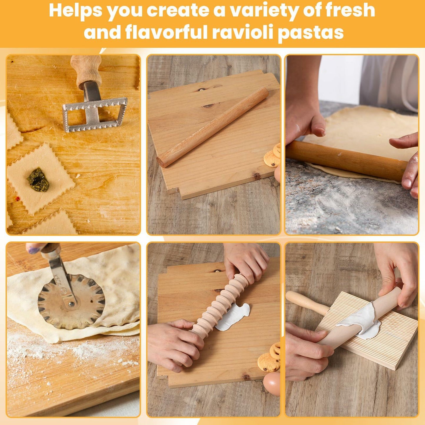 PEOVLVN 9 Pcs Pasta Making Kit Gnocchi Board Roller Cutter Dumpling Maker