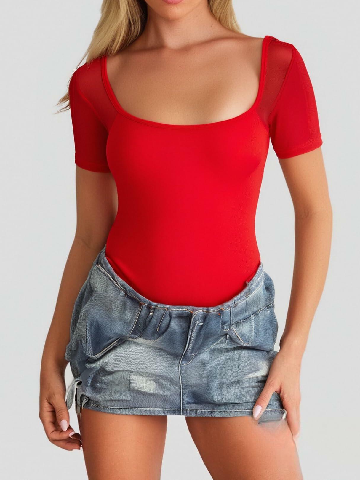 CRIPOM Women's Square Neck Sheer Sleeve Bodysuit Red Size XL