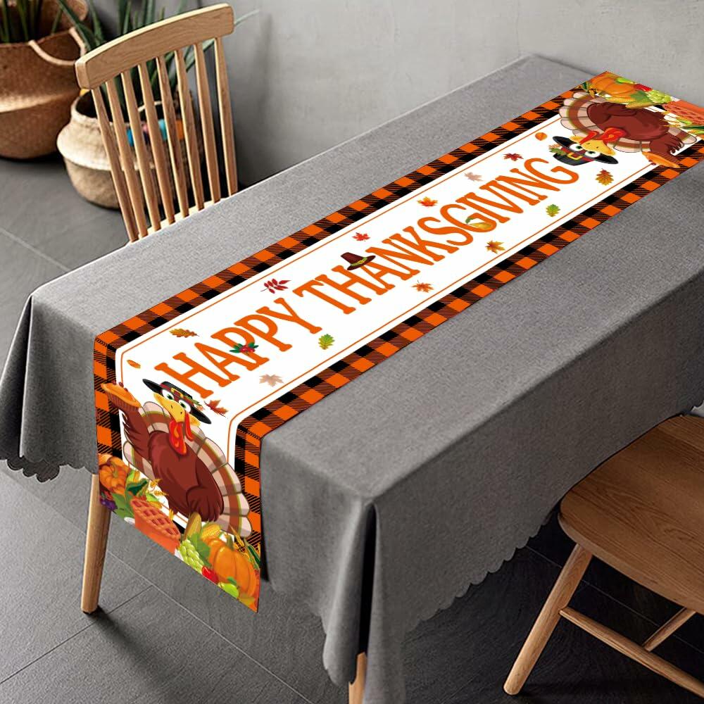 Happy Thanksgiving Table Runner Autumn Pumpkin Maple Leaf Turkey Decor 13x72