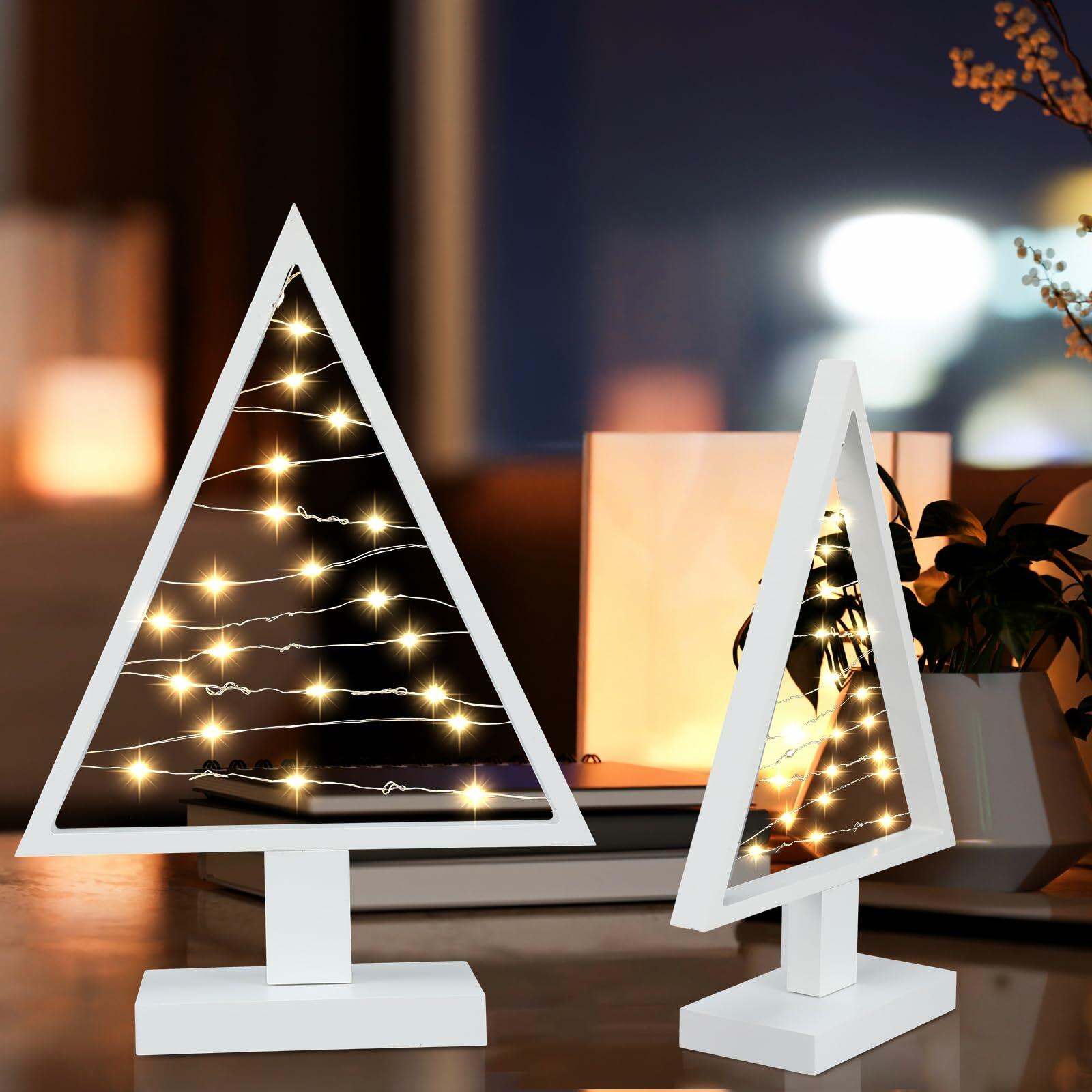 Cinnvoice Wood Christmas Tree with Lights Set of 2 White 13.4" & 9.8"