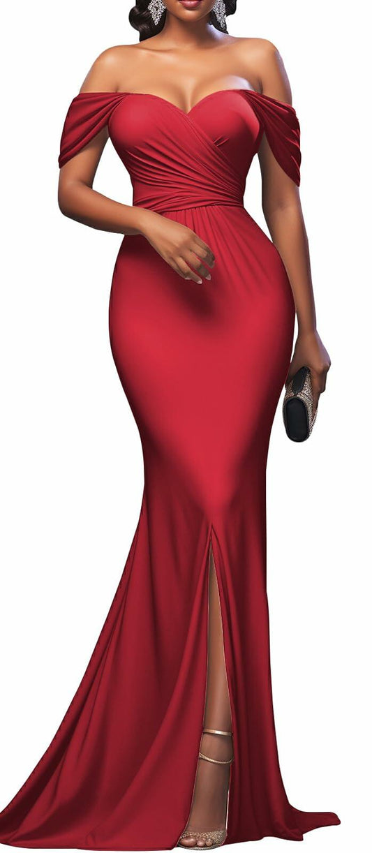 Red Elegant Off Shoulder Mermaid Maxi Dress Women Formal Wedding Size M