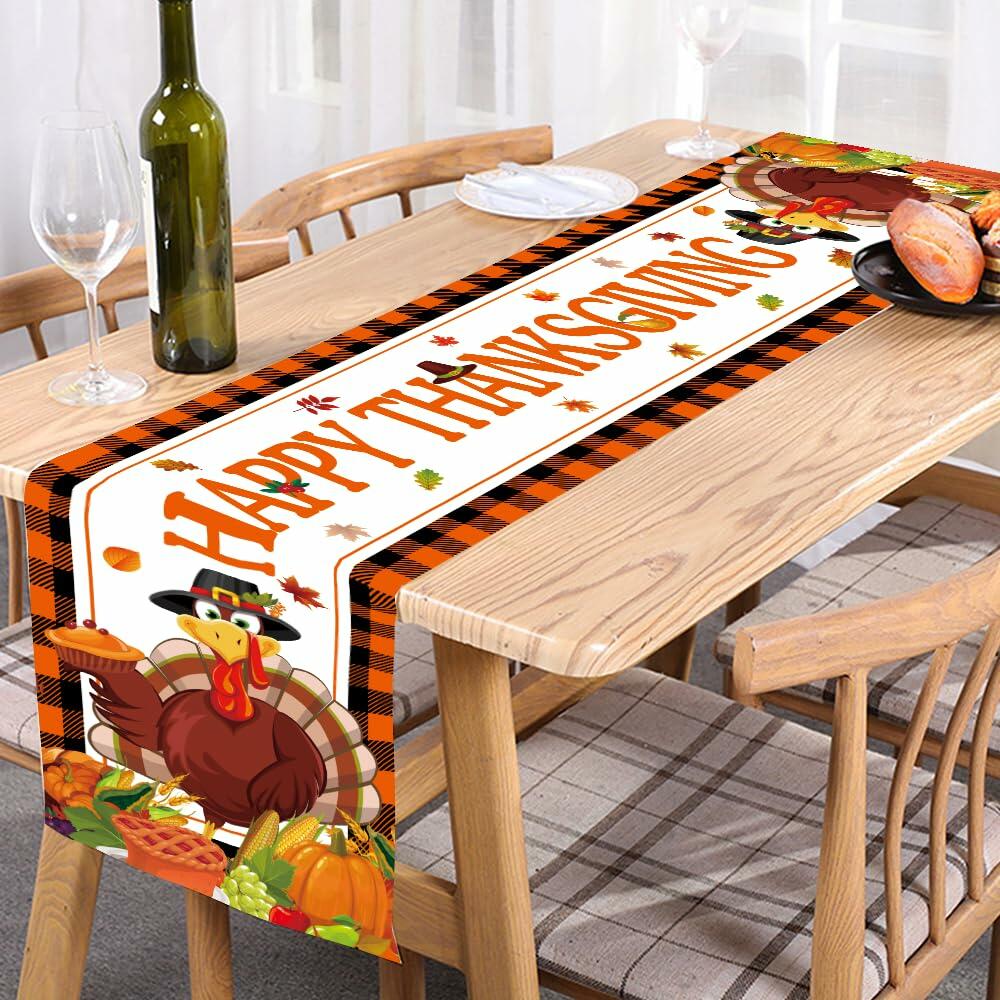 Happy Thanksgiving Table Runner Autumn Pumpkin Maple Leaf Turkey Decor 13x72
