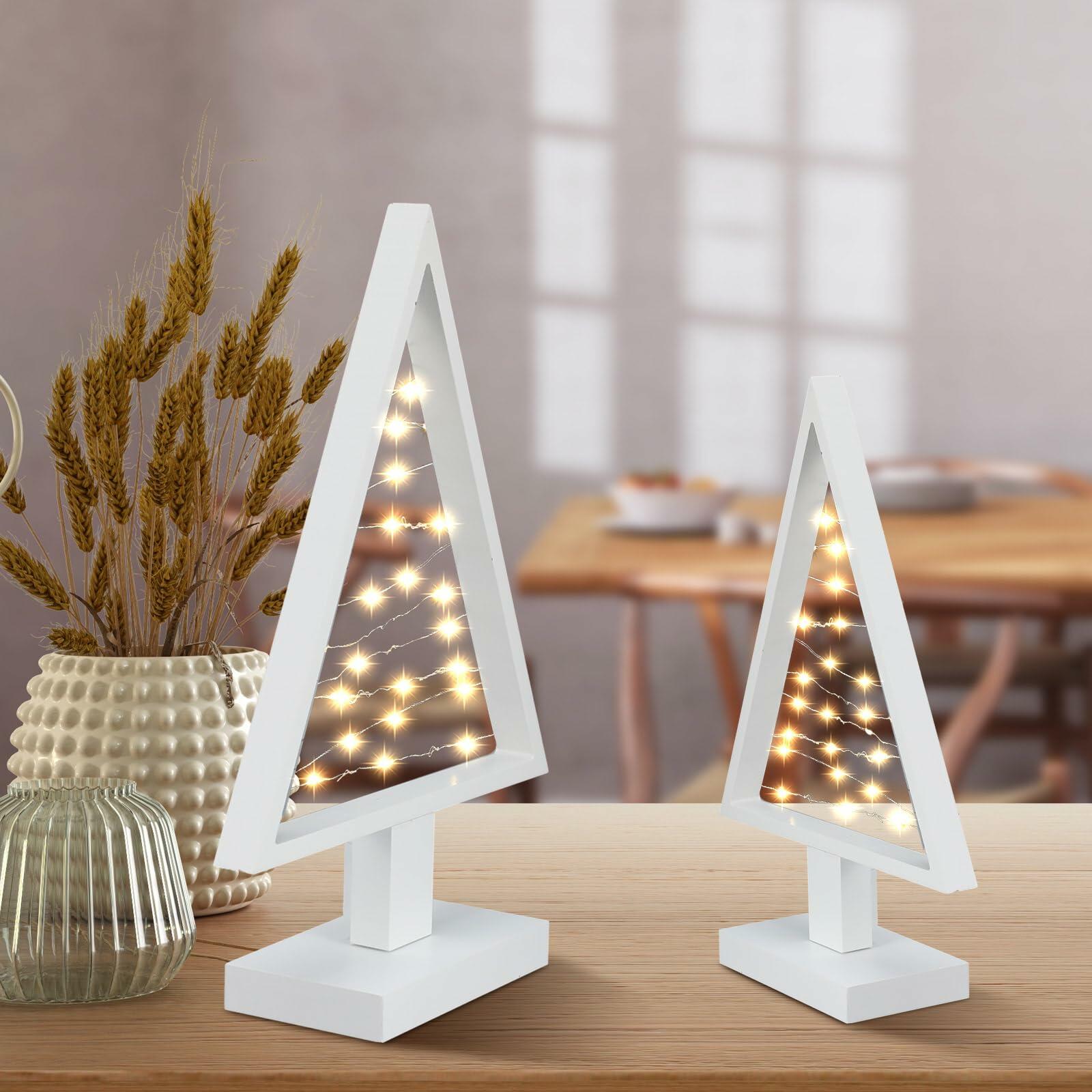 Cinnvoice Wood Christmas Tree with Lights Set of 2 White 13.4" & 9.8"