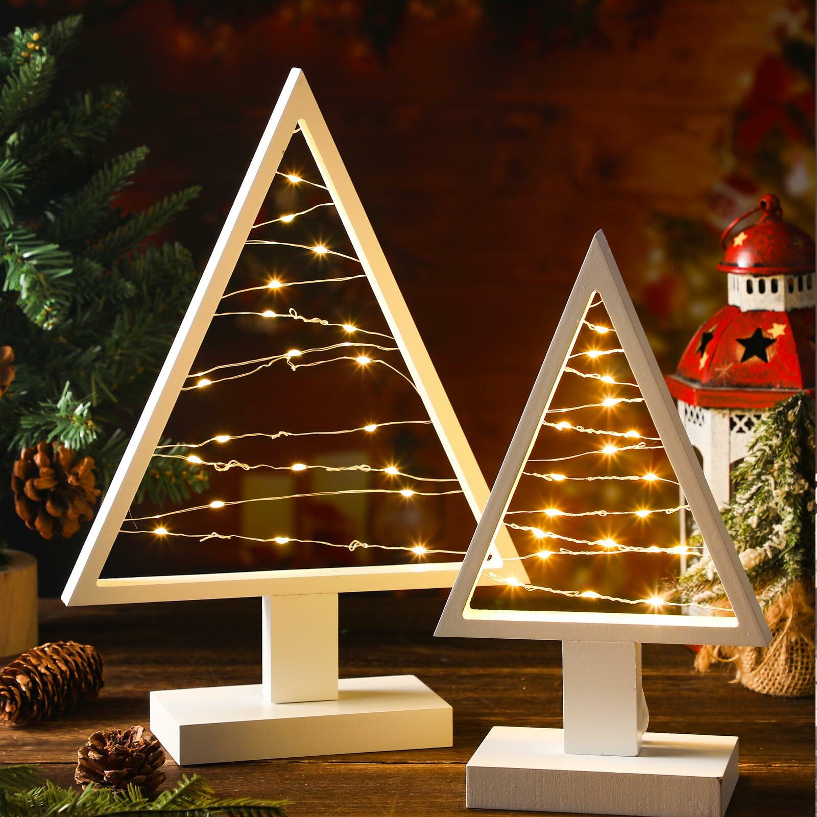 Cinnvoice Wood Christmas Tree with Lights Set of 2 White 13.4" & 9.8"