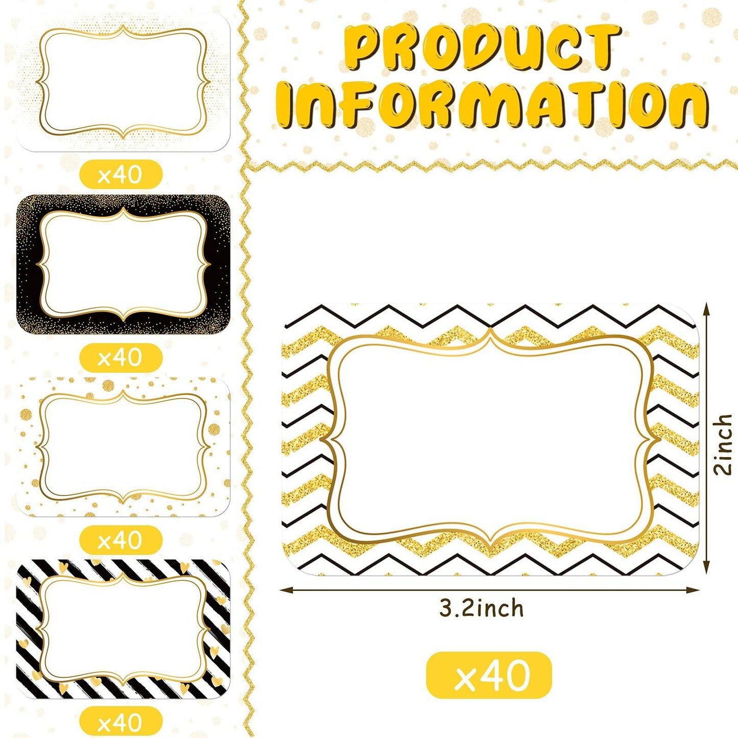 200pcs Name Tag Stickers Party Labels Personalized 3.2x2.1in Gold Border