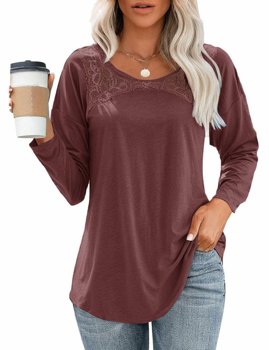 Uincloset Women's Long Sleeve Lace Crochet Tunic Blouse Wine Red Size XXL