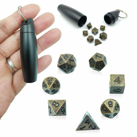 SIMXEHAY Mini Metal DND Dice Set Stainless Steel Case Antique Bronze Black