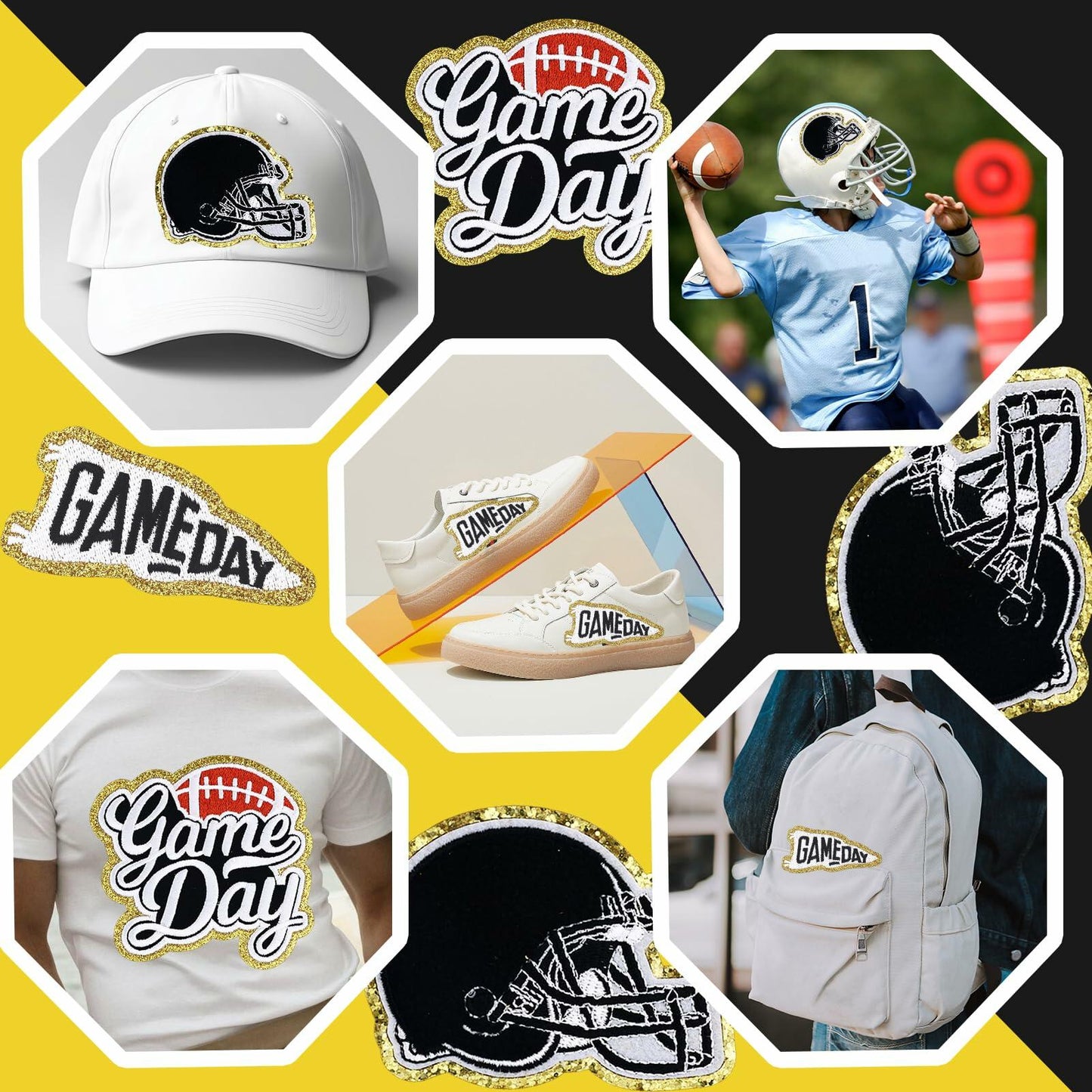 Tmtains 6Pcs Game Day Embroidered Iron-On Patches Football Helmets Black