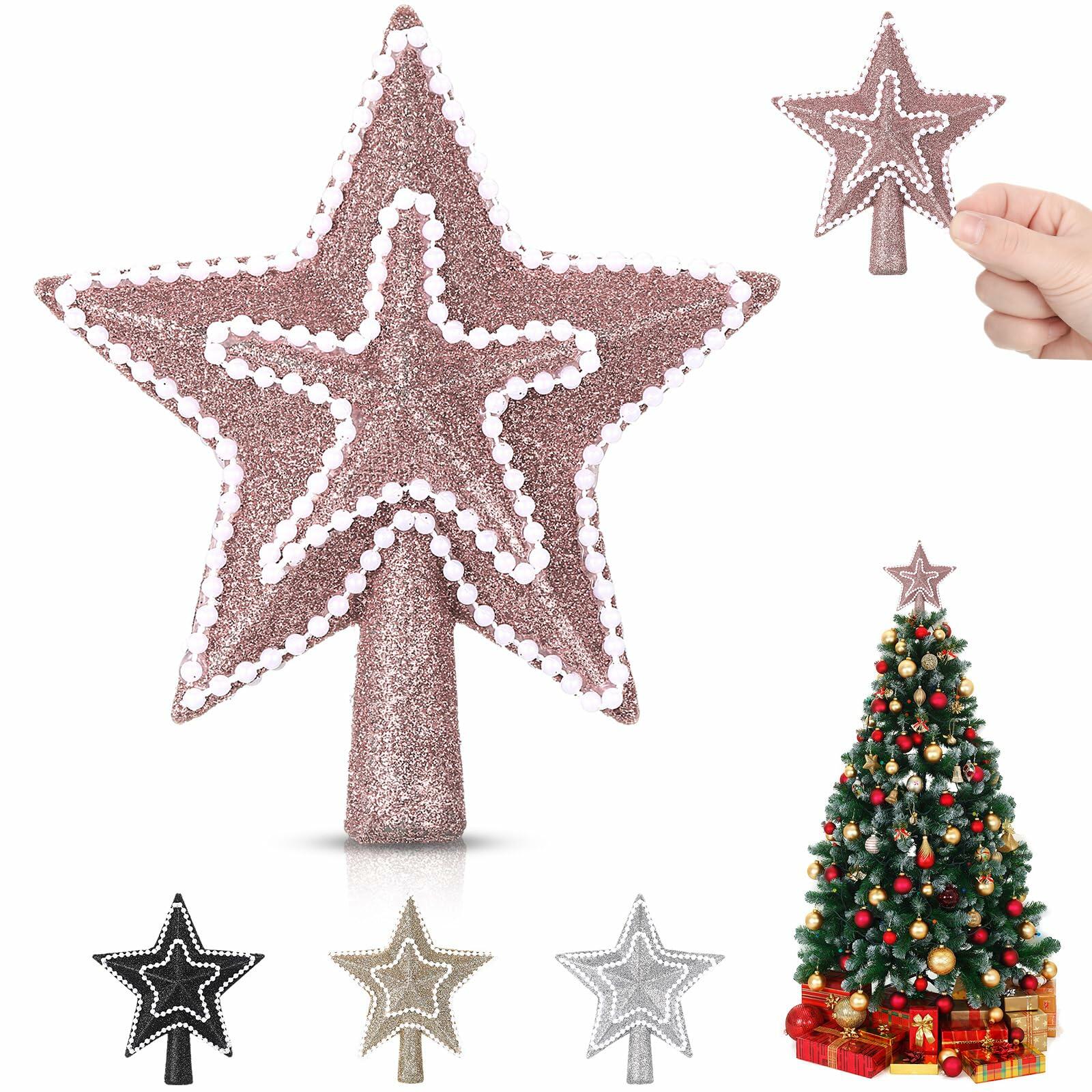[Like New] Hollowfly Glitter Mini Star Christmas Tree Topper Rose Gold 4 Inch