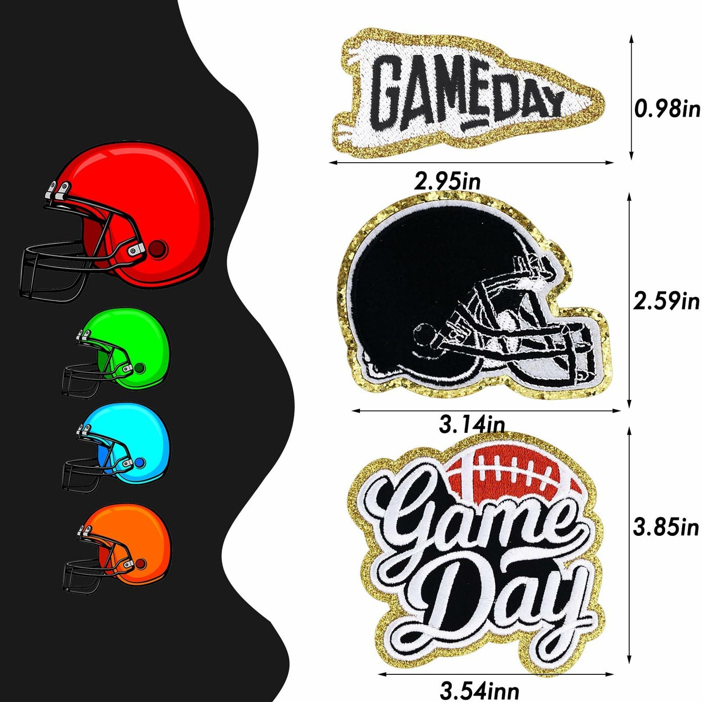 Tmtains 6Pcs Game Day Embroidered Iron-On Patches Football Helmets Black