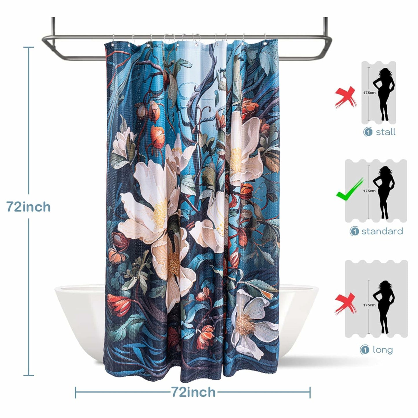 WOHEWREY Floral Waterproof Shower Curtain Green 72x72 Inch with 12 Hooks