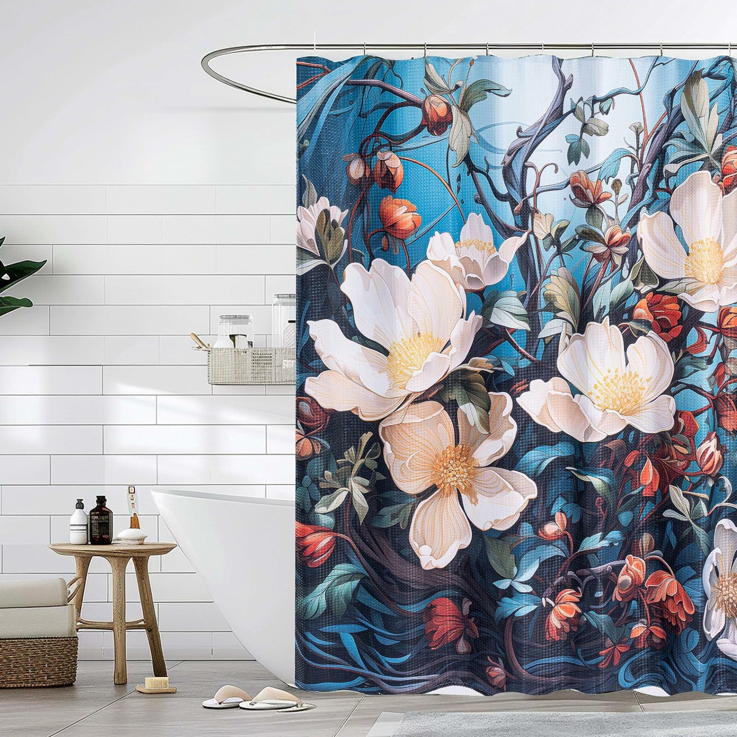 WOHEWREY Floral Waterproof Shower Curtain Green 72x72 Inch with 12 Hooks