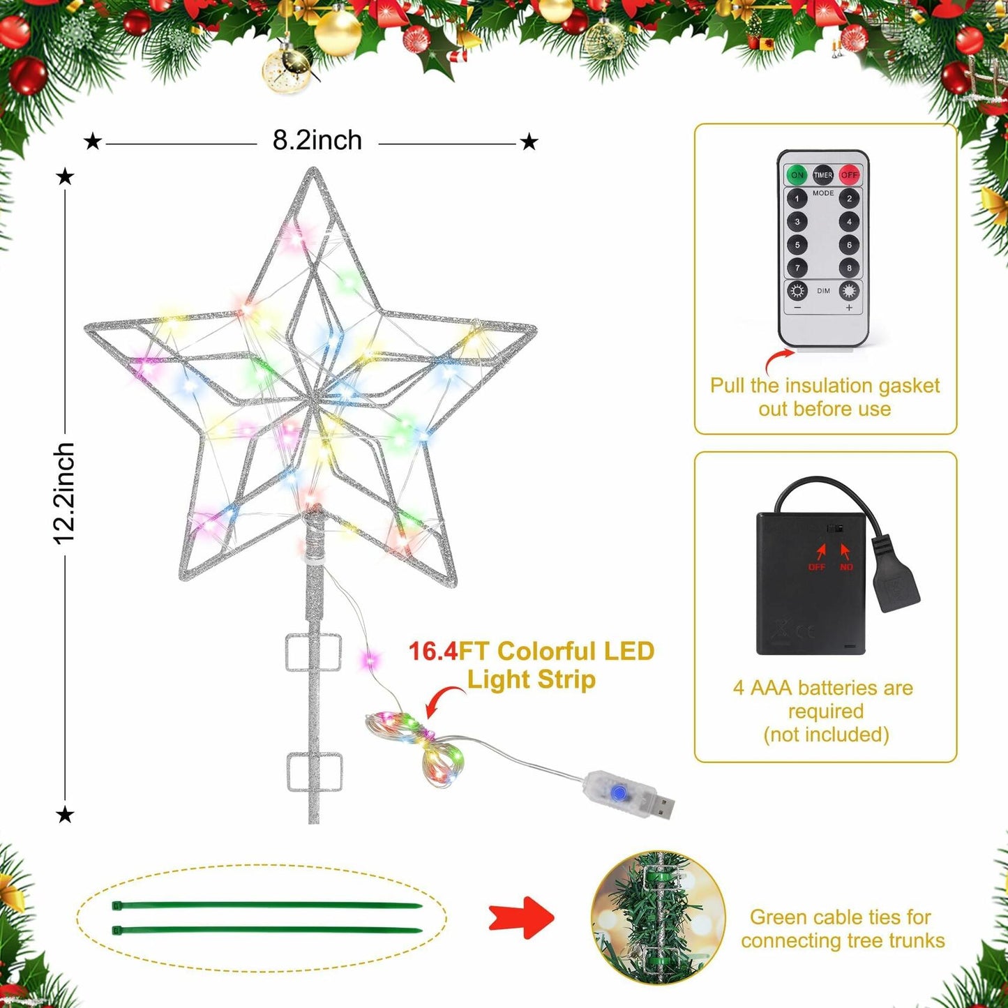 [Like_new] Christmas Tree Topper 50 LED Light Silver Star Remote Control Xmas Decor