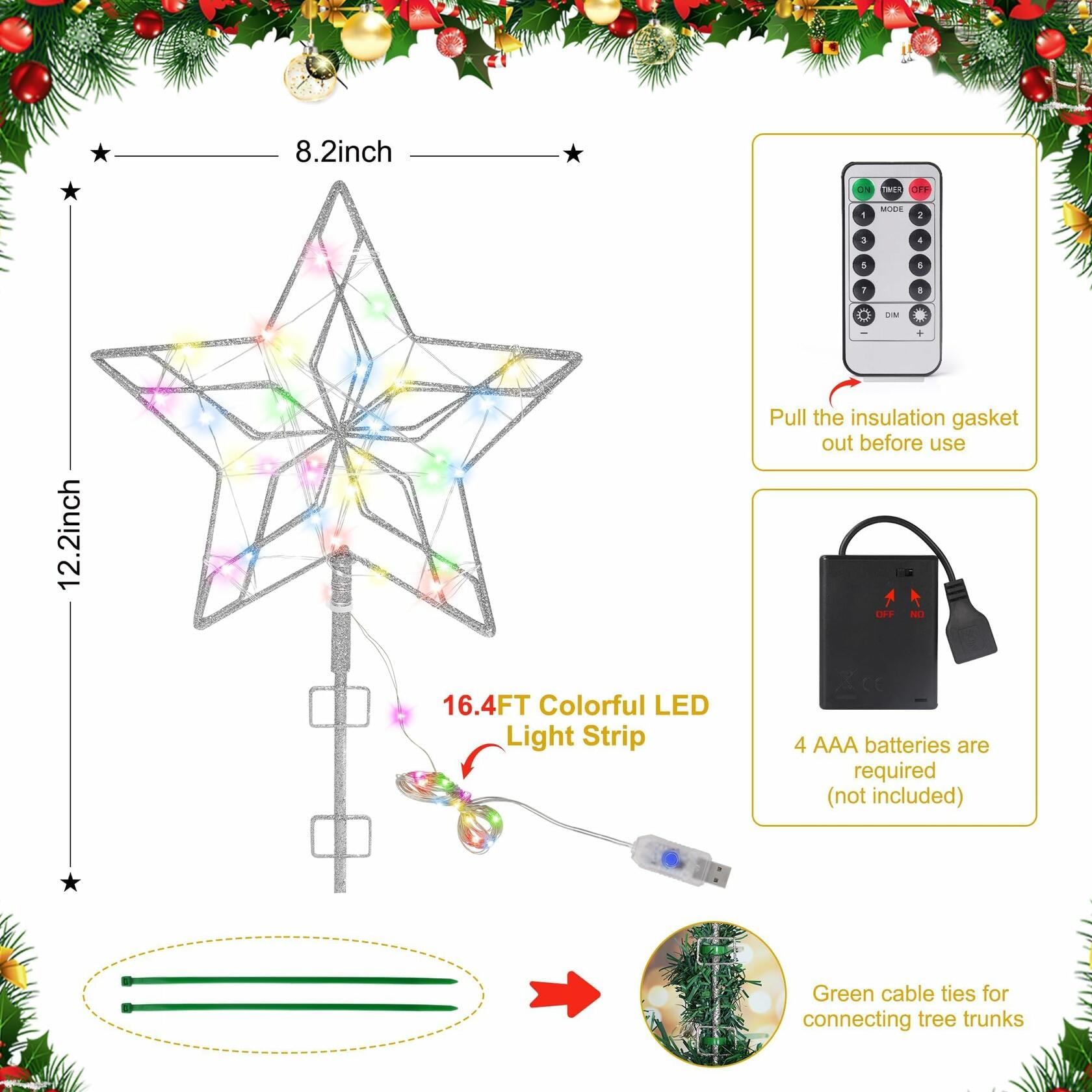 [Like New] Christmas Tree Topper 50 LED Light Silver Star Remote Control Xmas Decor