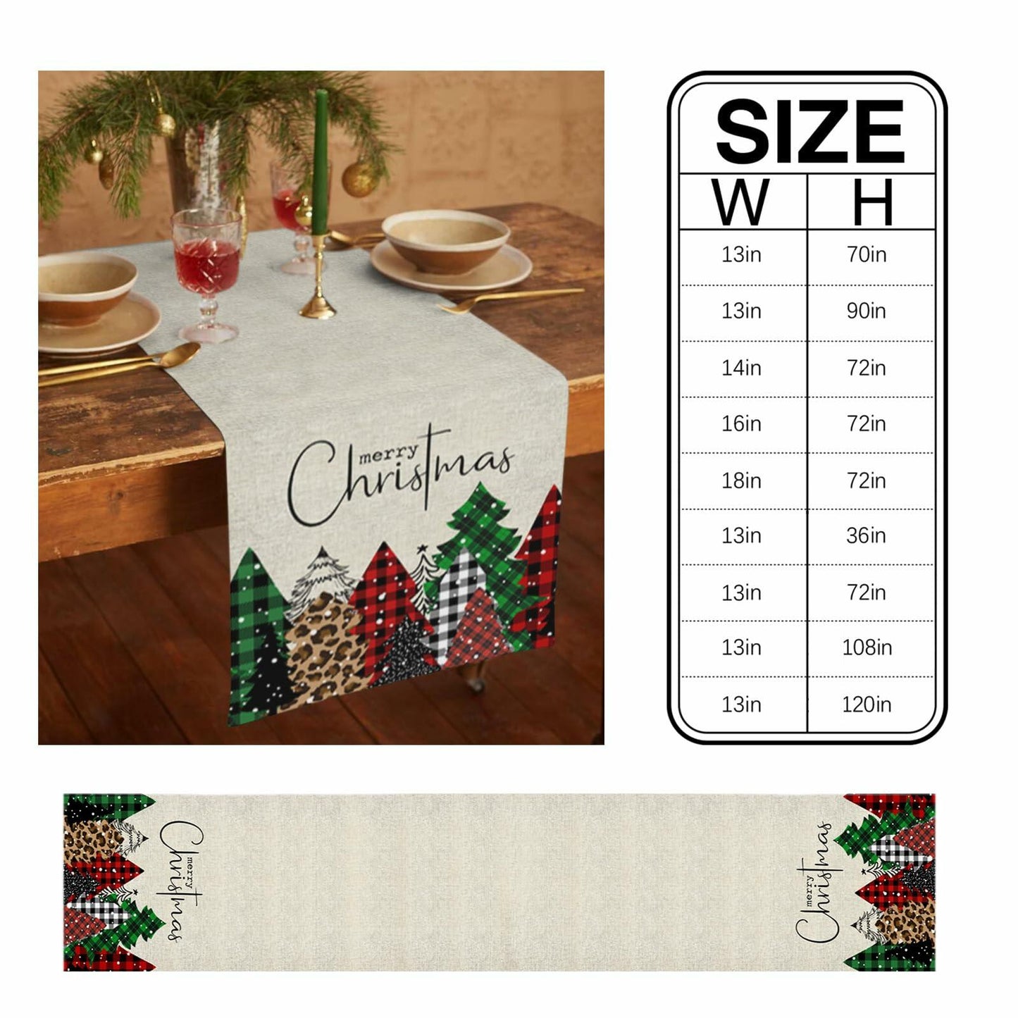 Merry Christmas Table Runner Buffalo Plaid Xmas Tree Cotton Linen 13x72 RedGreen