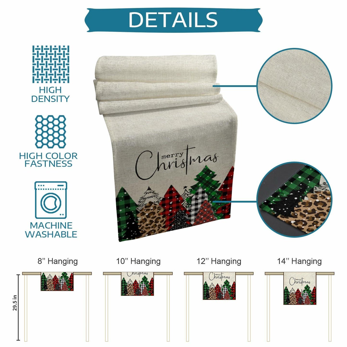 Merry Christmas Table Runner Buffalo Plaid Xmas Tree Cotton Linen 13x72 RedGreen