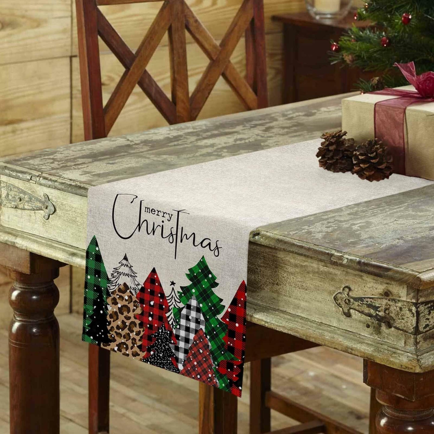 Merry Christmas Table Runner Buffalo Plaid Xmas Tree Cotton Linen 13x72 RedGreen